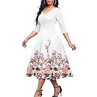 Nmoder Women's Casual Wrap Flared Midi Dress Wedding Guest Cocktail Tea Dresses A-Line Swing V-Neck 3/4 Sleeve