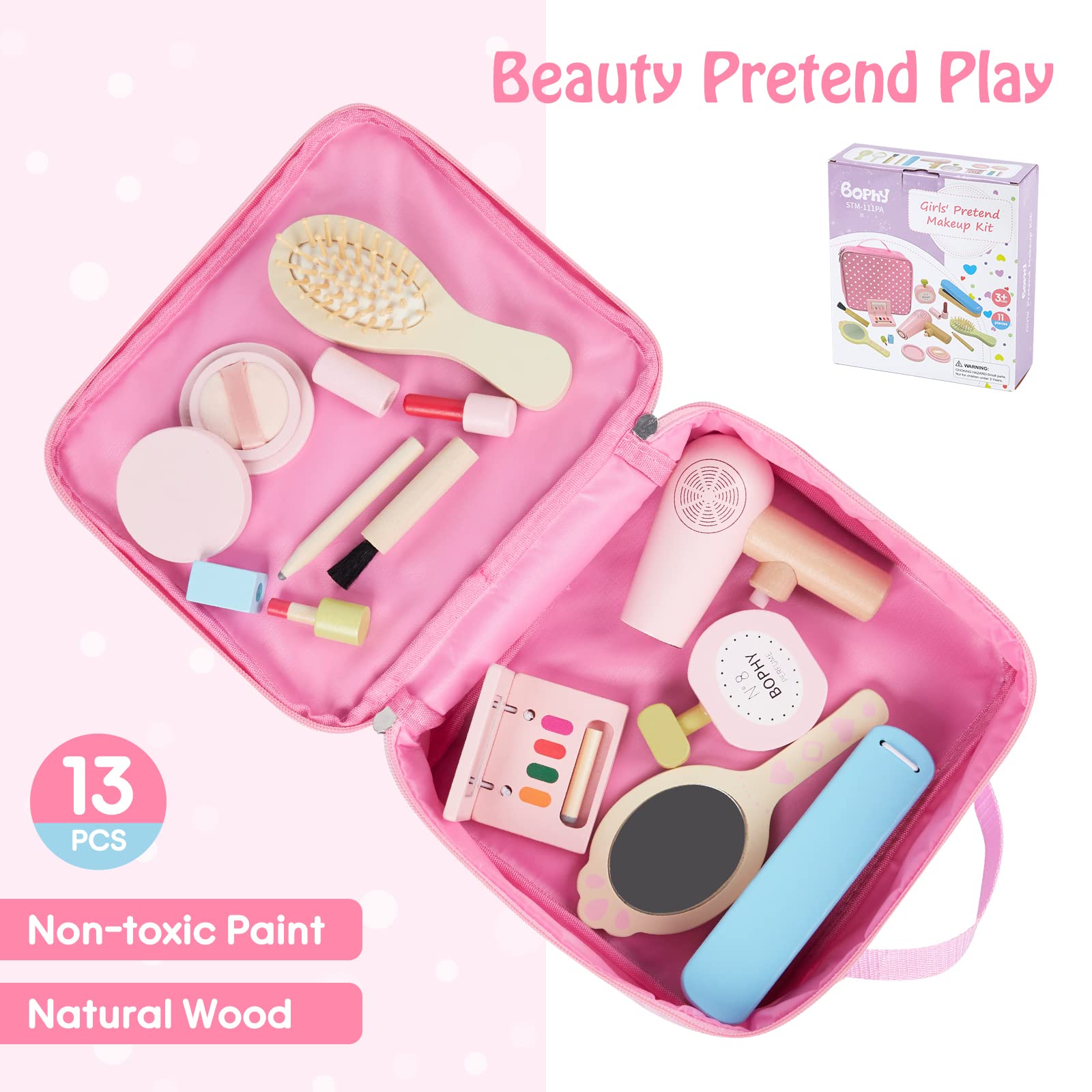 Wooden Makeup Kit Toy, Toddler Pretend Beauty Salon Set, 12PCS Makeup Playset with Hair Dryer, Mirror, Perfume and Storage Bag