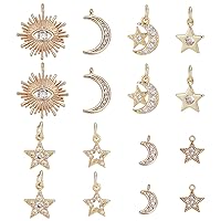 SUPERFINDINGS 16Pcs 8 Style Brass Micro Pave Cubic Zirconia Charms Rhinestone Crystal Moon Star Charms Planet Starry Charms Dangle Pendants for Bracelets Necklaces Earrings Jewelry Making
