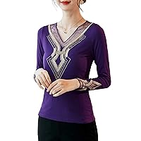 Women's Lace Tops Long Sleeve Cotton Mesh Sexy Hollow Out Embroidered Rhinestone Stretchy Blouses Casual Work Shirts