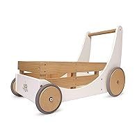 Kinderfeets 2-in-1 Wooden Cargo Walker Cart Wagon with Adjustable Rubber Wheels and Removable Basket for Children and Toddlers (White)