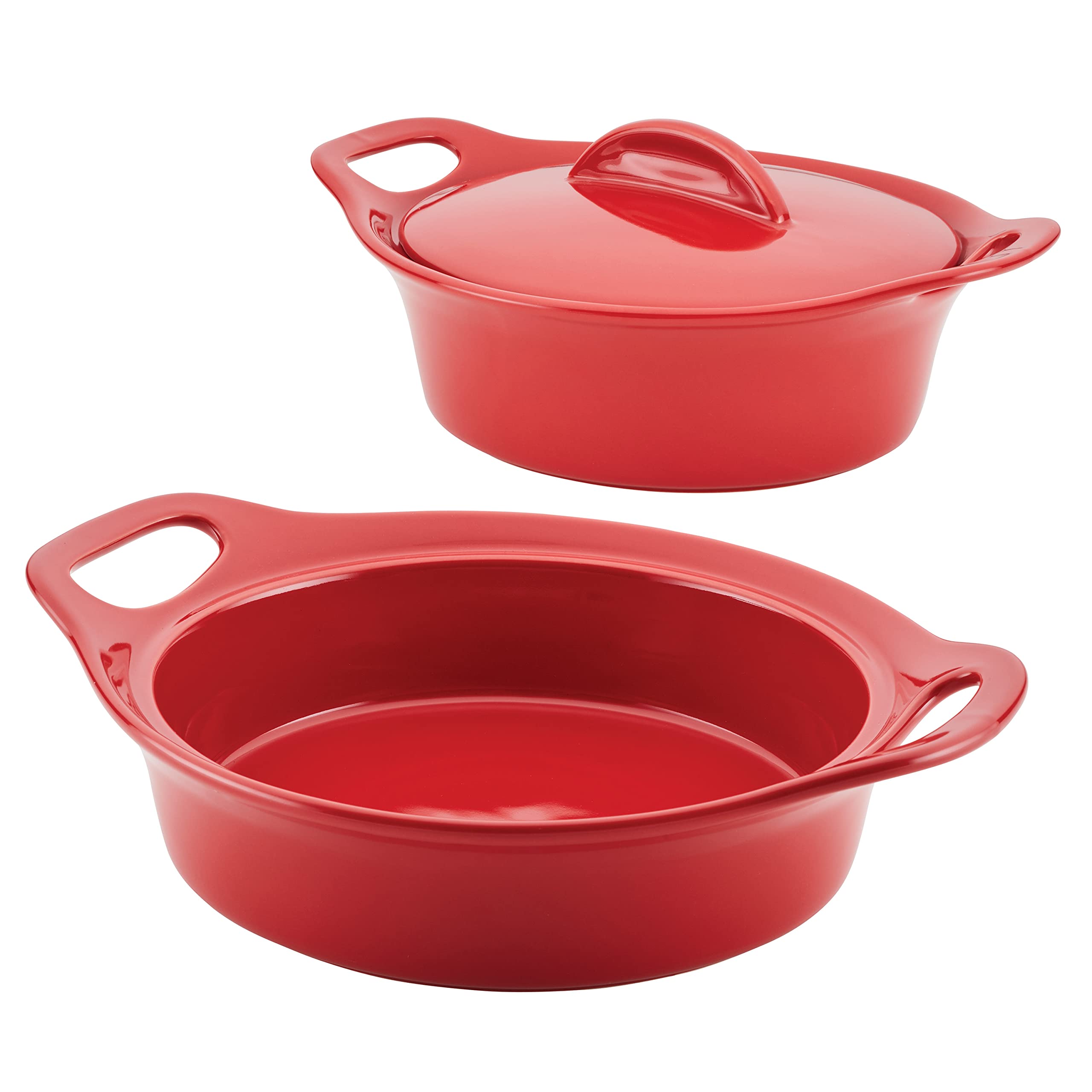 Rachael Ray Solid Glaze Ceramics Casserole Bakers/Baking Dish with Shared Lid Set, 3 Piece, Red