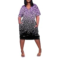 Plus Size Maxi Dresses for Curvy Women Summer V Neck Short Sleeve Knee Pocket Soild Color Casual Dress