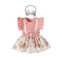Girl's 3 Pieces Outfit Ruffle Sleeve T Shirt and Floral Print Overall Skirt Set with Headband