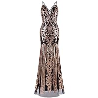 Angel-fashions Women's V Neck Floral Sequin Lace Up Sheath Long Evening Dress