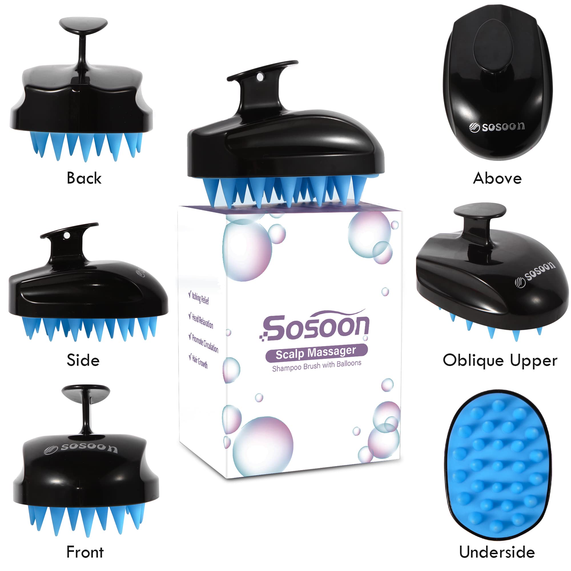 Sosoon Scalp Massager Shampoo Brush, Soft Silicone Hair Scalp Exfoliating Scrubber for Men Women Kids Hair Growth Stress Relief with 50pcs Balloons(Black and Dark Blue)