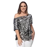 Anna-Kaci Women's Plus Size Sequin Sexy One Shoulder Short Sleeve Party Club Top