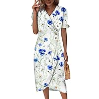 Women's Summer Dresses 2024 Dresses Spring Elegant Wrap V Neck Floral Boho Dress Flowy Ruched Maxi Dress, S-3XL