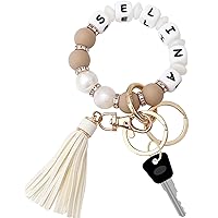 Munchewy Personalized Key Ring Bracelet Wristlet Keychain with Name, Car Keychain Holder Silicone Beaded Bracelet Keychain Bangle Chains with Leather Tassel Keyrings for Women(Brown/Pearl)