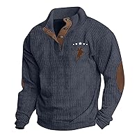 Mens Corduroy Shirt with Elbow Patches Button Up Mock Neck Long Sleeve Sweaters Casual Polo Sweatshirts