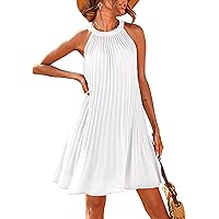PRETTYGARDEN Womens Summer Dresses 2024 Cute Halter Neck Sleeveless Mini Dress Solid Color Flowy Pleated Beach Dress Sundress