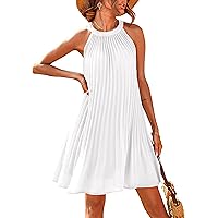 PRETTYGARDEN Womens 2024 Summer Halter Neck Sleeveless Solid Color Flowy Pleated Beach Sundress