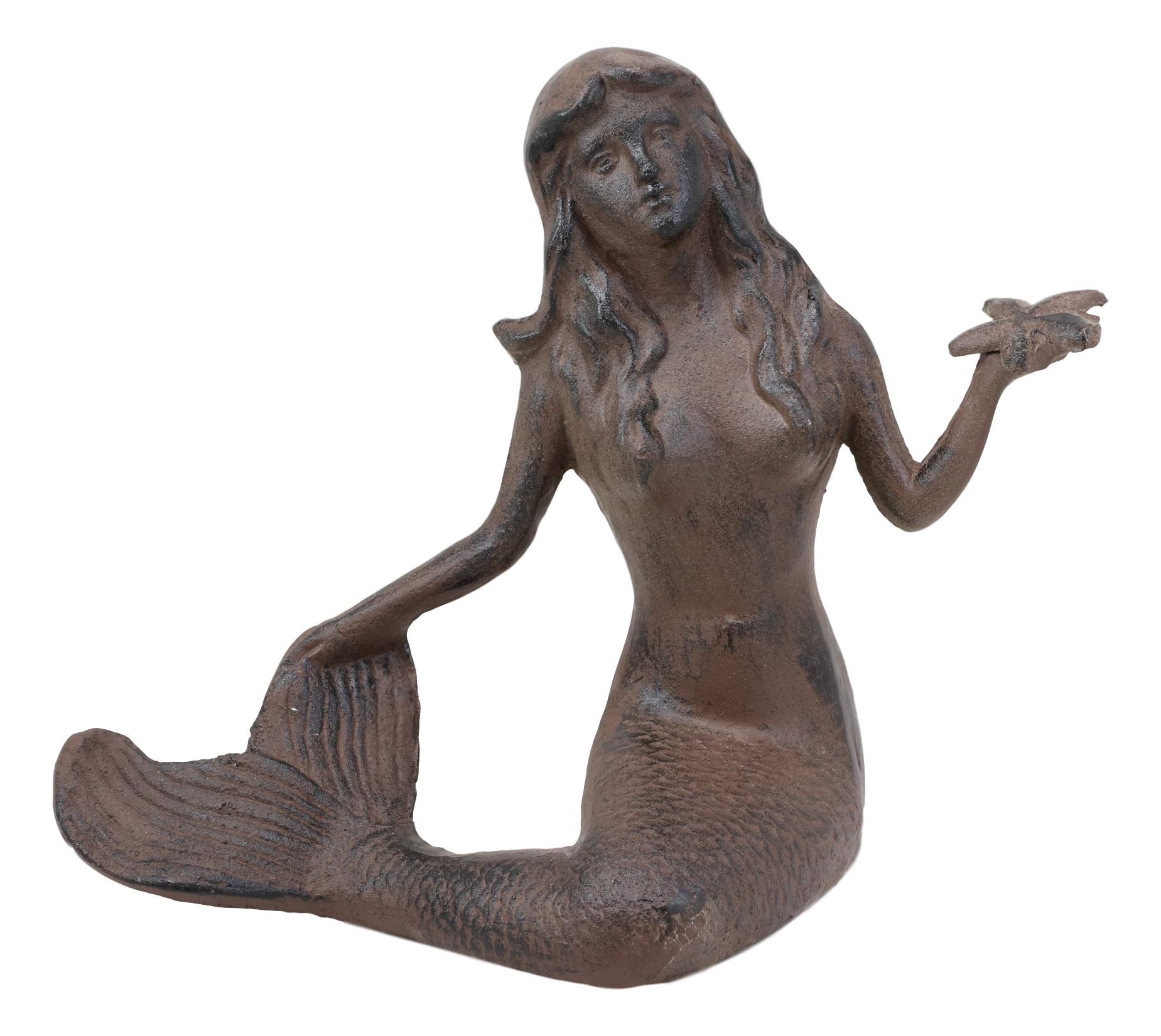 Ebros Gift 11.5" Tall Cast Iron Large Nautical Siren Mermaid Holding Starfish Vintage Statue Ocean Goddess Princess Coastal Beach Under The Sea...