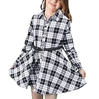 Girls Casual Dress Belt Long Sleeve Buffalo Check Black White Red Plaid Dresses for Kid Lace Baby Dress