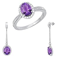 Dazzlingrock Collection Oval Amethyst with Round & Baguette White Diamond Halo Style Ring & Dangle Drop Earrings Set for Women in White Gold