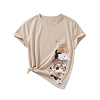 SOLY HUX Girl's T Shirts Short Sleeve Cute Graphic Tees Crewneck Cartoon Cat Print Summer Tops