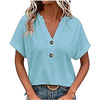 Women's Dressy V Neck Tops Flattering Summer Shirts Loose Plain Blouses Button Short Sleeve Tunic Casual T Shirt