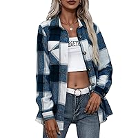 PEHMEA Women's Casual Flannel Plaid Button Down Long Sleeve Shacket Jacket with Pockets