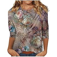 Tshirts Shirts for Women,3/4 Length Sleeve Womens Tops Crew Neck Vintage Print Graphic Shirt Plus Size Tops for Women