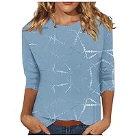 3/4 Sleeve Tops for Women Classic-Fit 3/4 Short-Sleeve Scoop Neck T-Shirt Cute Print Tee Shirts Casual Lightweight Blouses Round Neck Spring/Summer Ladies Tops Basic Tops for Women