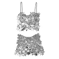 Women Sexy Star See Through Crop Top Sequins Hollow Out Shirt Sleeveless Bikini Club Cover Up Body Chain Accessories (Silver Top+Skirt)