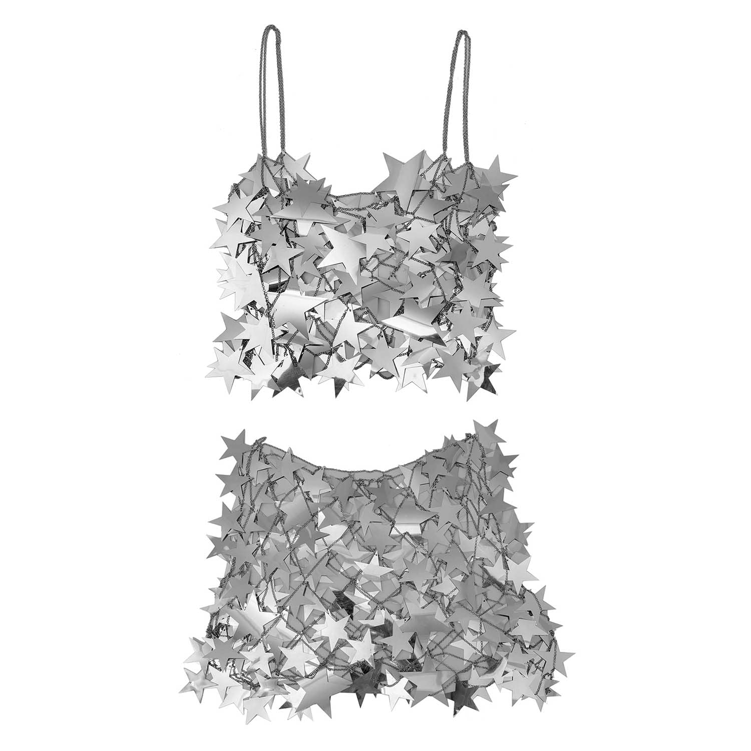 Aksod Women Sexy Star See Through Crop Top Sequins Hollow Out Shirt Sleeveless Bikini Club Cover Up Body Chain Accessories (Silver Top+Skirt)