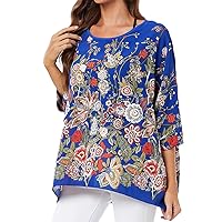 Women's Casual Chiffon Blouse Tops 3/4 Sleeve Floral Print Batwing Blouse Caftan Poncho