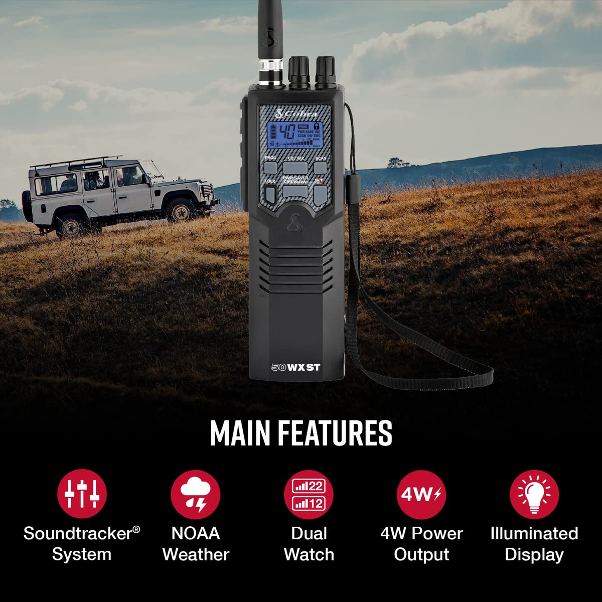 Cobra HH50WXST Handheld CB Radio - Emergency Radio with Access to Full 40 Channels and NOAA Alerts, Earphone Jack, 4 Watt Power Output, Noise Reduction and Dual Channel Monitoring, Black