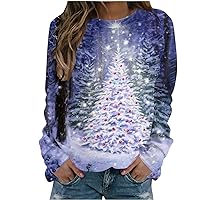 Womens Christmas Shirts Fashion Glitter Xmas Tree 3D Print Sweatshirts Long Sleeve Tunic Pullover Tops for Women