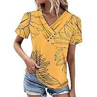 Women Fashion Tops Summer Tops for Women 2024 Flower Print Button Patchwork Loose Fit Casual with Short Sleeve V Neck Shirts Orange X-Large