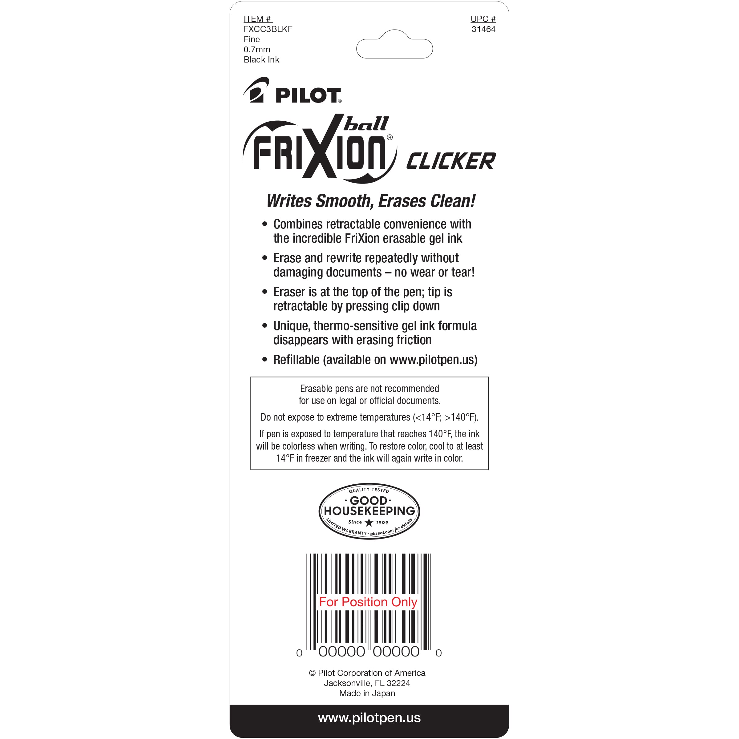 PILOT FriXion Clicker Erasable, Refillable & Retractable Gel Ink Pens, Fine Point, Black Ink, 3-Pack (31464)