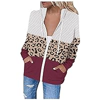 Womens Color Block Leopard Print Zip Up Hoodies Long Sleeve Fall Oversized Sweatshirts Y2K Sport Jacket with Pockets