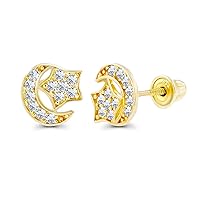 Solid 14K Gold 6mm Natural Birthstone Moon Star Screwback Stud Earrings For Women | 1mm Natural Birthstones | 14K Gold Natural or Created Gemstone Screwback Earrings For Women and Girls