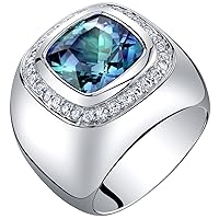 PEORA Men's Simulated Alexandrite Signet Ring 925 Sterling Silver, Color-Changing Large 7 Carats Cushion Cut 11mm, Sizes 8 to 13