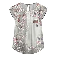 Woman Summer Outfits Peplum Tops for Women 2024 Summer Casual Fashion Print Bohemian Loose Fit with Short Sleeve Round Neck Shirts Gray Small