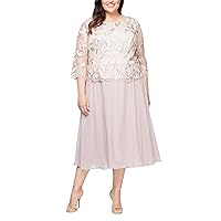 Alex Evenings Women's Plus Size Tea Length Lace Mock Dress