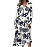 Women's 2024 Fall Midi Dress Casual Long Sleeve V Neck Floral Printed A Line High Waist Dress for Women