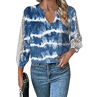 Business Casual Tops for Women, 3/4 Sleeve Loose V-Neck Top Lace Hollow T-Shirt Cotton Summer, S XXXL