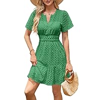 Women Summer Eyelet Lace Dress Casual V Neck Mini A Line Hollow Out Embroidered Formal Dress Sundresses