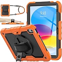 SEYMAC stock iPad 10th Generation Case 10.9'', Full-Body Drop Protection Case with Screen Protector Pen Holder [360° Rotate Hand Strap/Stand] for iPad 10th Generation 10.9 inch 2022 (Black+Orange)