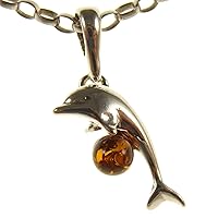 BALTIC AMBER AND STERLING SILVER 925 DOLPHIN PENDANT NECKLACE - 14 16 18 20 22 24 26 28 30 32 34