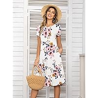 Summer Dresses for Women 2022 Floral Print Slant Pocket Tee Dress (Color : White, Size : Medium)