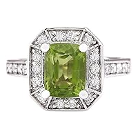 3.67 Carat Natural Green Peridot and Diamond (F-G Color, VS1-VS2 Clarity) 14K White Gold Cocktail Ring for Women Exclusively Handcrafted in USA