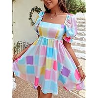 Women's Dress Plaid Square Neck Puff Sleeve Dress (Color : Multicolor, Size : X-Large)