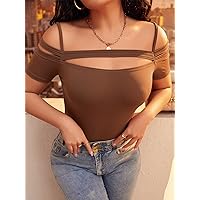 Women's Tops Shirts Sexy Tops for Women Cold Shoulder Cut Out Front Tee Shirts for Women (Color : Coffee Brown, Size : X-Small)