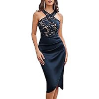 GRACE KARIN Women's Cocktail Dress Semi Formal Wedding Guest Lace Satin Halter Dresses for Evening Party