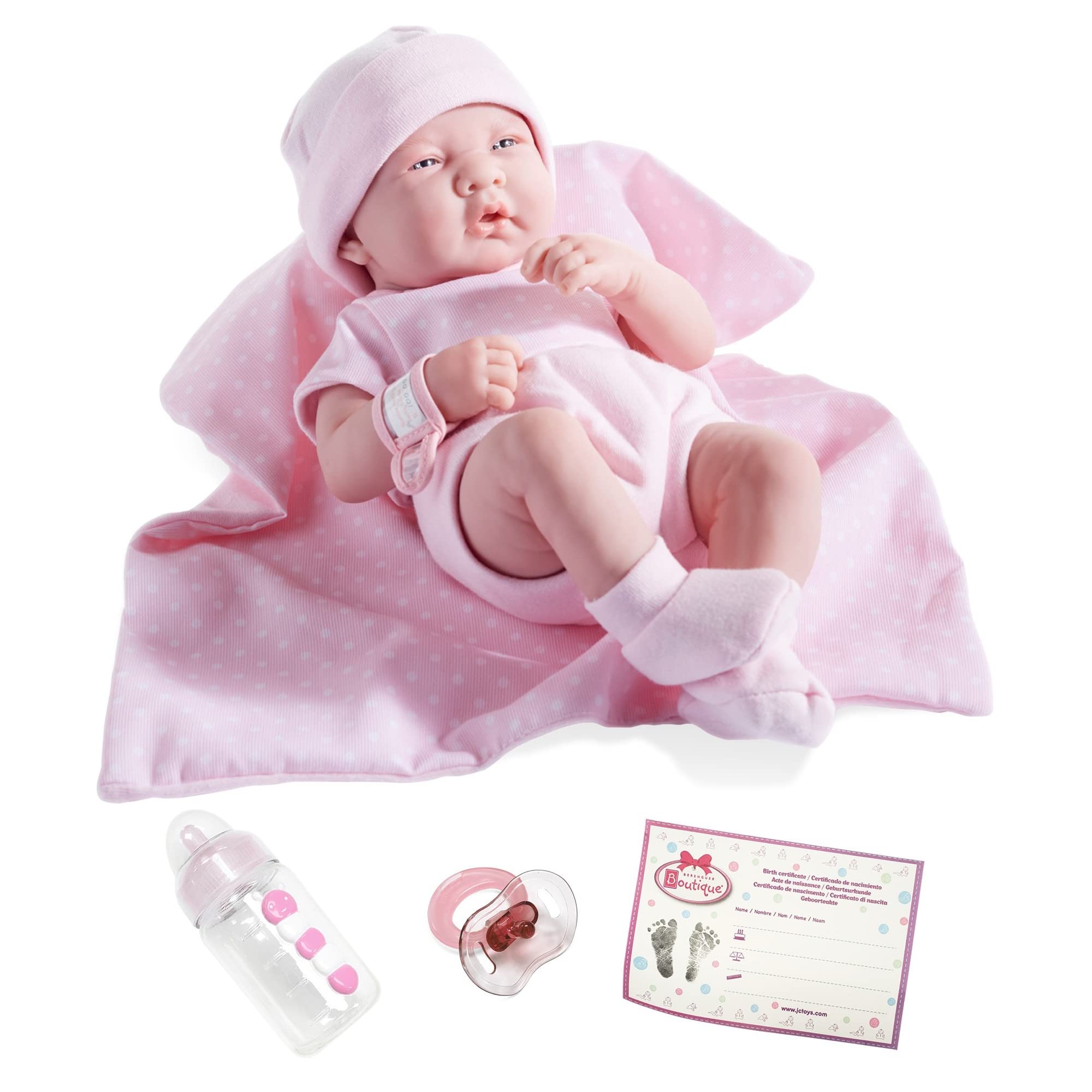 JC Toys 18541 La Newborn Boutique 14 Inch Doll, 9 Piece Set, Real Girl in Pink