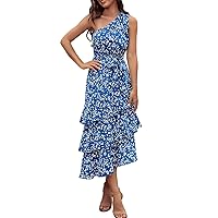 Mid Length Fall Dresses for Women Women Summer Floral Sundress Casual One Shoulder Tiered Ruffle Flowy Midi Beach