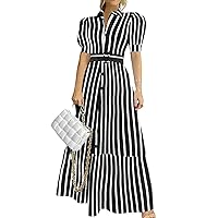 MARZXIN Puff Sleeve Dress Collar Vertical Striped Print Puff Sleeve Women's Shirt Dress Long Dress