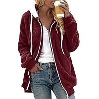 Fall Winter Plush Jackets for Women Hooded Loose Long Sleeve Zipper Coat Jacket Plus Size Casual Stitching Warm Outwear Tops